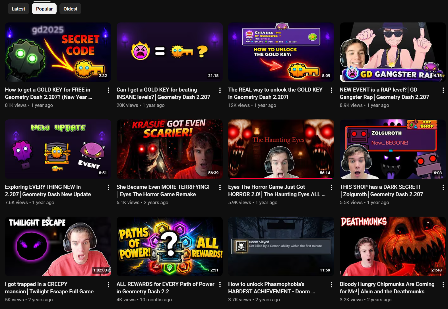 Grid of my most viewed Geometry Dash and horror videos on YouTube.